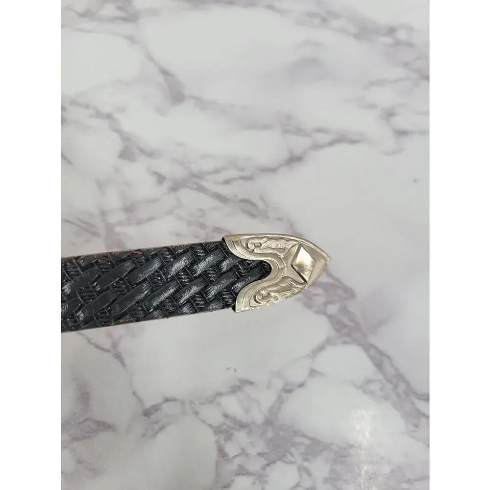 Gray Leather Basket Weave Embossed Belt with Red Lace Accent and Conchos